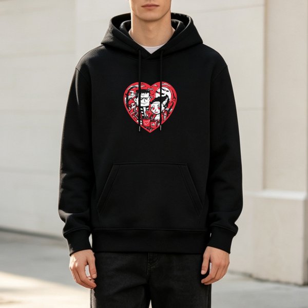 Black Hoodie with Frankenstein and Bride Heart Graphic