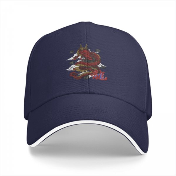 Black baseball cap with red dragon and cloud graphic design