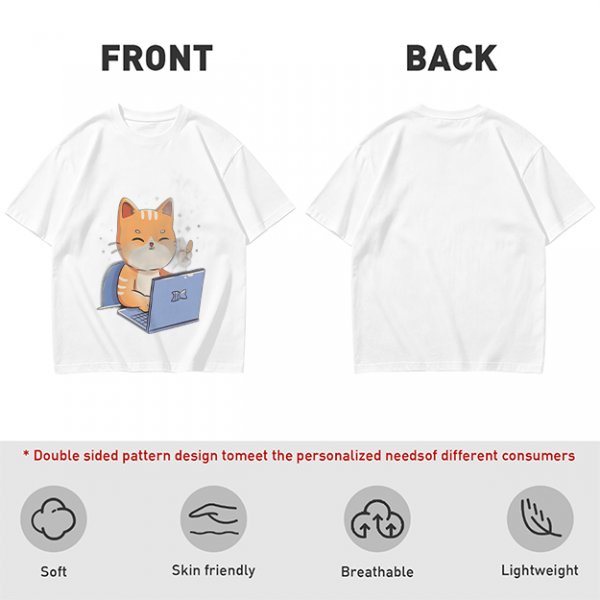 Olive T-Shirt With Cute Orange Cat Working On Laptop Print