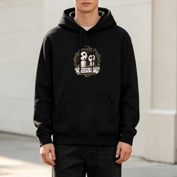 Black hoodie with tree spirit graphic for nature lovers