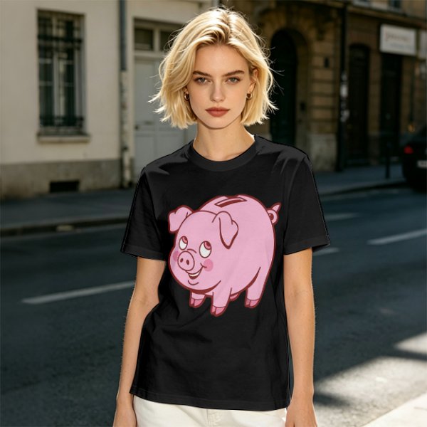 Olive Green T-Shirt With Cute Pink Piggy Bank Graphic Print