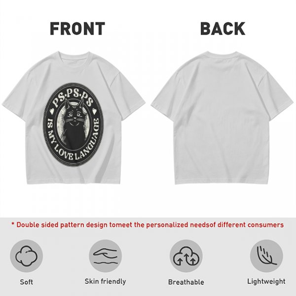 Olive cat graphic t-shirt with 'PS PS PS is my love language' print