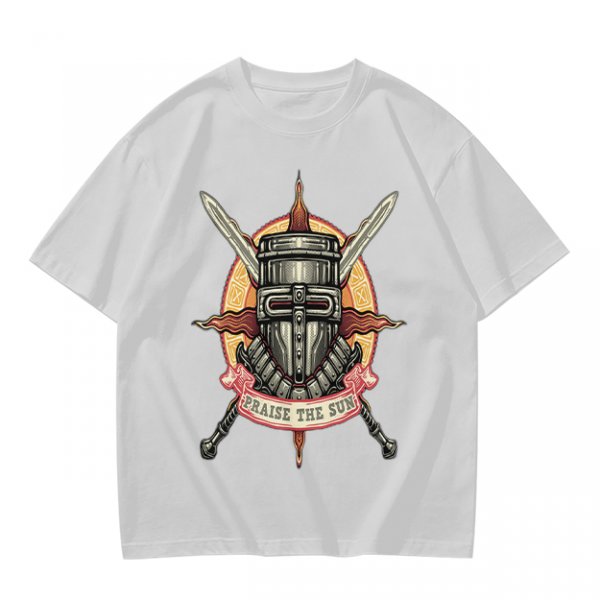 Olive T-Shirt With Praise The Sun Knight Helmet Crossed Swords Artwork