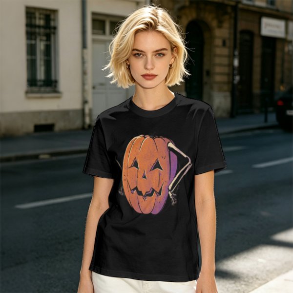 Olive Halloween T-Shirt with Skeleton Arm Jack-o'-Lantern Graphic