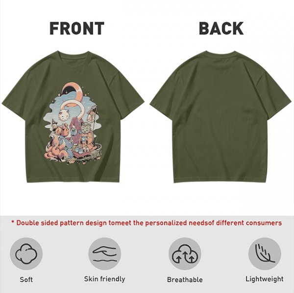 Olive T-Shirt With Whimsical Cat Crescent Moon Artwork