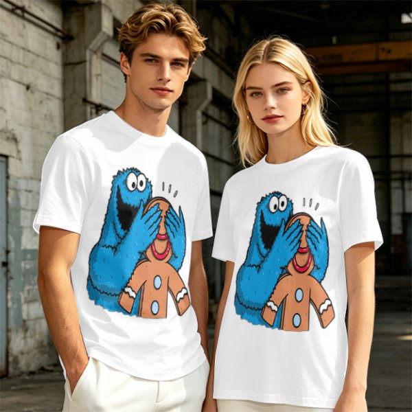 Olive T-shirt with Cookie Monster covering gingerbread man’s eyes