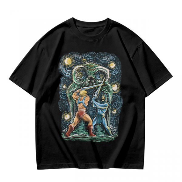Olive T-shirt with Starry Night Style He-Man vs Skeletor Art