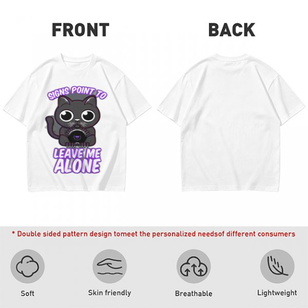 Olive t-shirt with a black cat holding a magic 8 ball and text 'Signs Point To Leave Me Alone'
