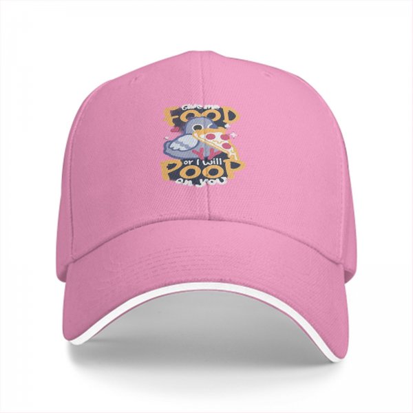 Black baseball cap with funny pigeon pizza 'give me food or i will poop on you' print