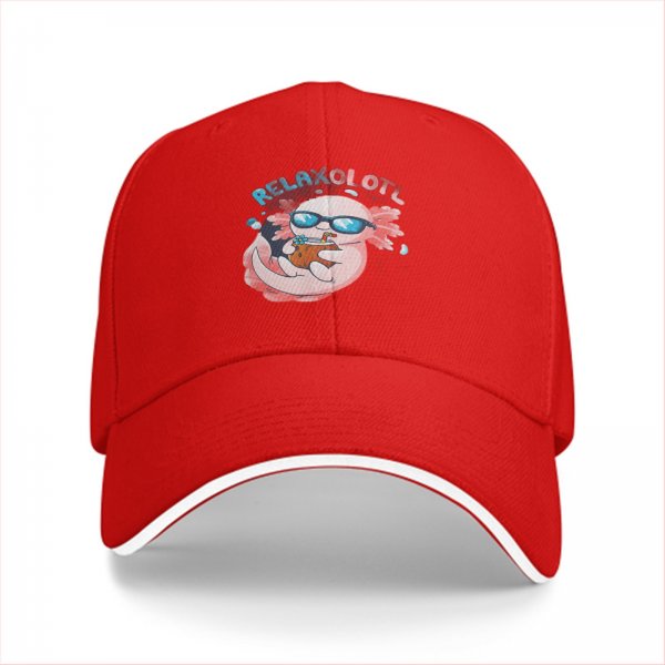Black baseball cap with a relaxed axolotl graphic and 'RELAXOLOTL' text