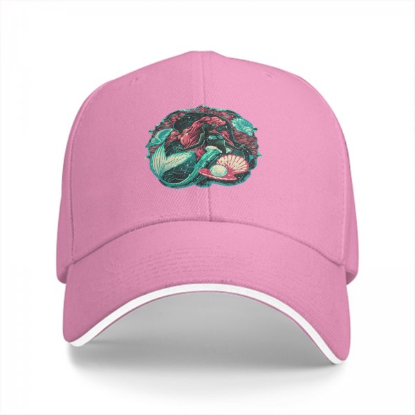 Black Baseball Cap With Mermaid And Pearl Shell Graphic