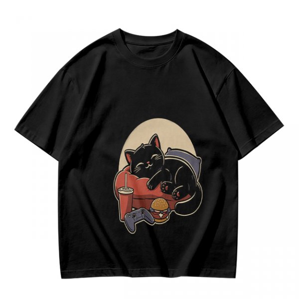 Olive T-Shirt with Relaxed Black Cat Gaming Snack Print