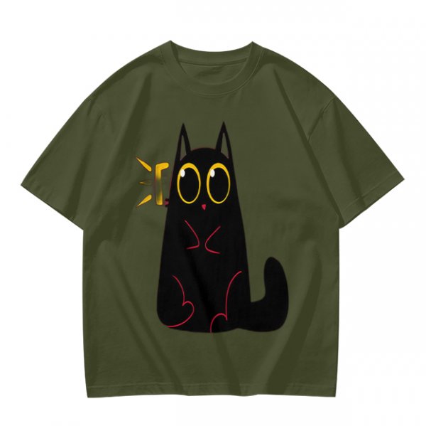 Olive Green T-Shirt With Surprised Black Cat Graphic Print