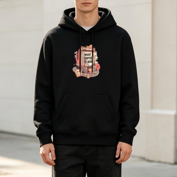 Black Hoodie with Insert Coffee To Begin Arcade Machine Print