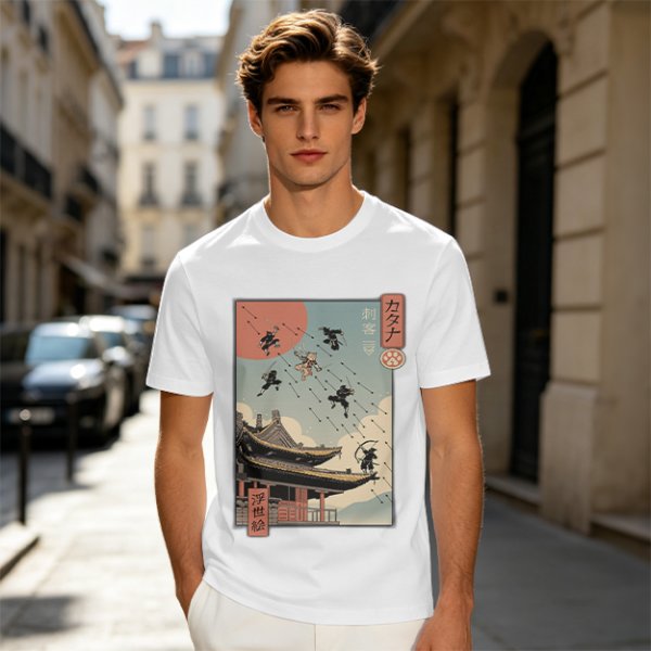 Olive T-Shirt with Ukiyo-e Style Ninja Temple Print