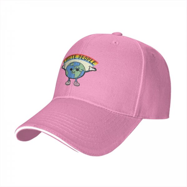 Black baseball cap with cartoon Earth graphic and 'I HATE PEOPLE' text