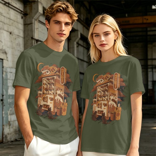 Olive T-Shirt with Coffee Vending Machine and Cats Graphic