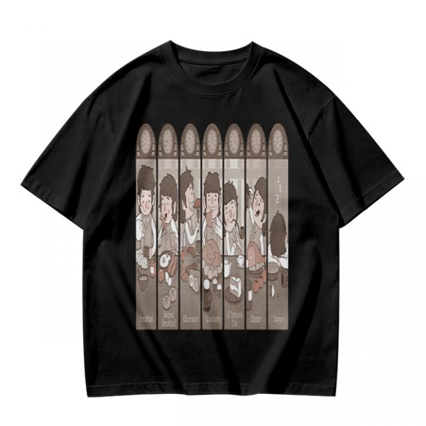Olive Green T-Shirt with Cartoon Medieval Tavern Scene Print