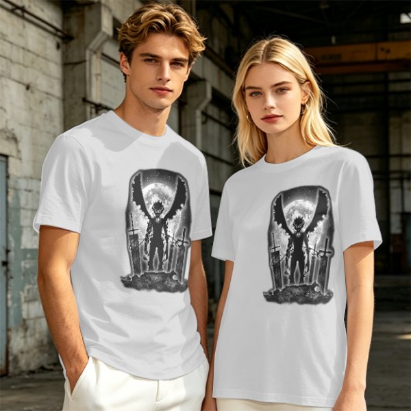 Olive t-shirt with dark anime winged warrior under full moon print