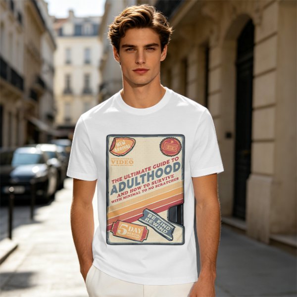 Olive t-shirt with retro guide to adulthood VHS-style print