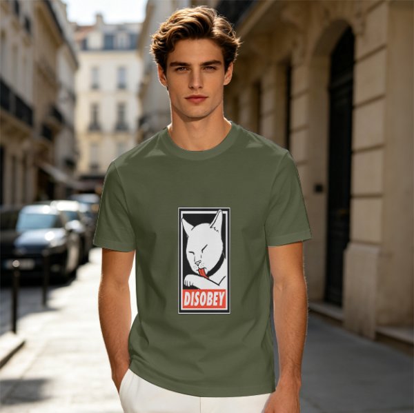 Olive T-shirt with Disobey Cat Grooming Graphic Print