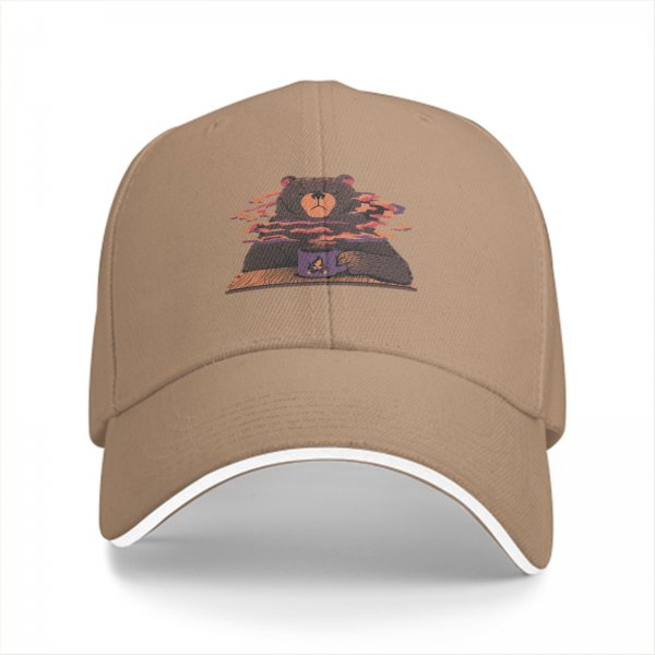 Black baseball cap with a bear holding a steaming coffee mug print