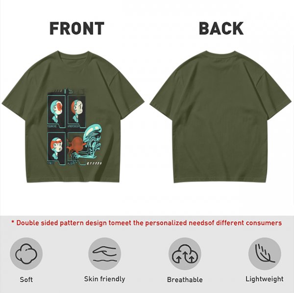 Olive Graphic Tee With Alien Stress Headache Themed Art