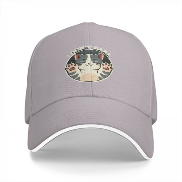 Black baseball cap with 'I DON'T CARE' and relaxed cat graphic