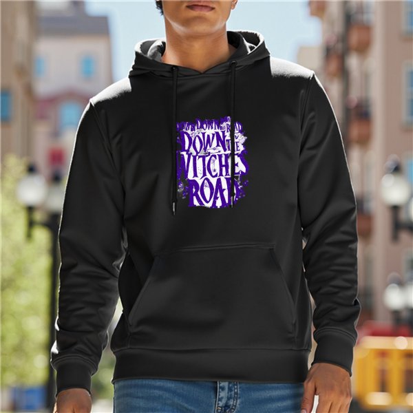 Black hoodie with 'Down the Witches Road' graphic print