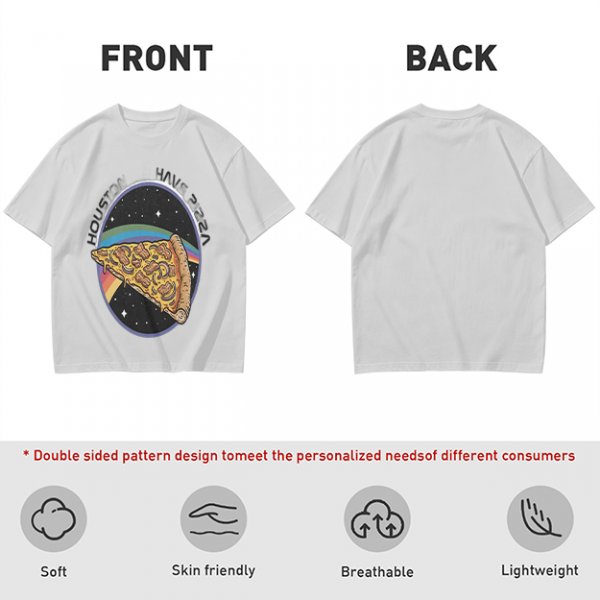 Olive t-shirt with space pizza graphic and Houston have pizza text