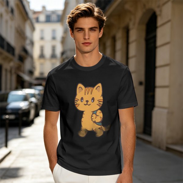 Olive T-Shirt With Cute Orange Tabby Cat Graphic