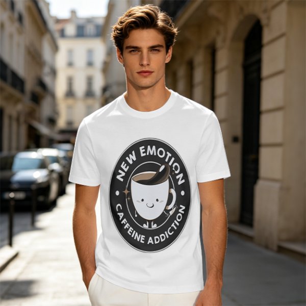Olive t-shirt with 'New Emotion Caffeine Addiction' coffee cup graphic
