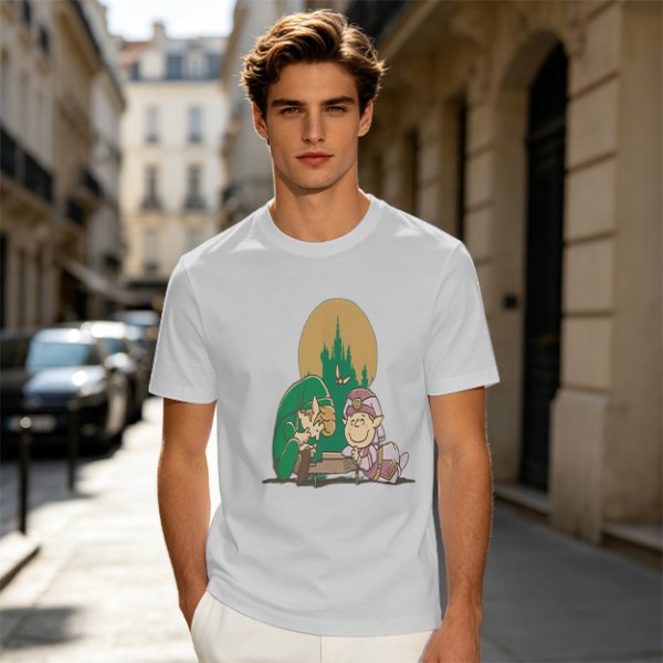 Olive Green T-Shirt With Zelda Themed Cartoon Characters Print
