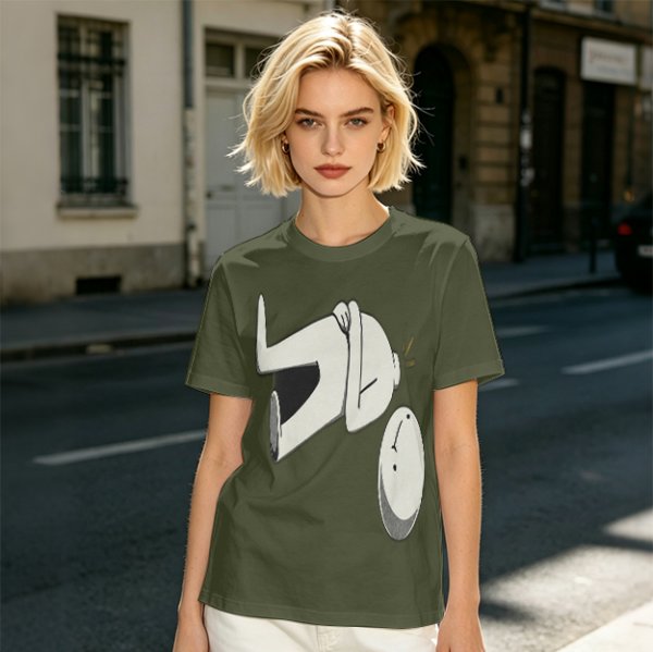 Olive T-Shirt With Surprised Cartoon Figure And Separate Face Print