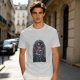 Olive green t-shirt with retro robot monster city attack graphic