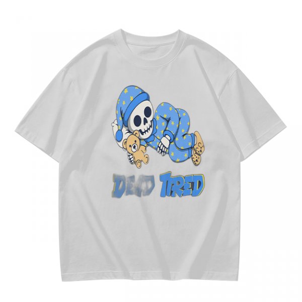 Olive T-Shirt with Sleeping Skeleton in Pajamas 'Dead Tired' Print
