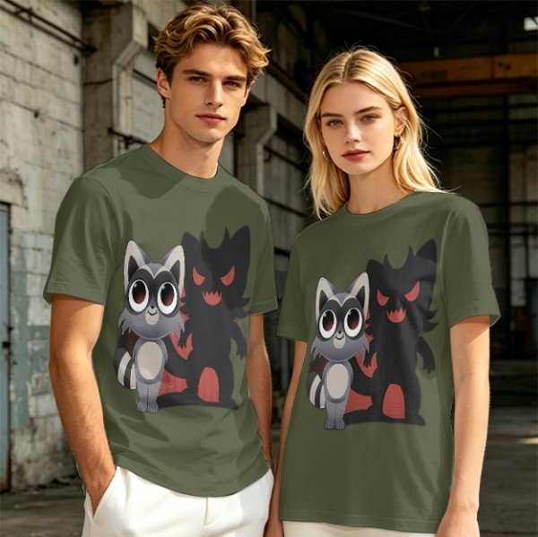 Olive T-Shirt With Cute Raccoon And Shadow Monster Graphic
