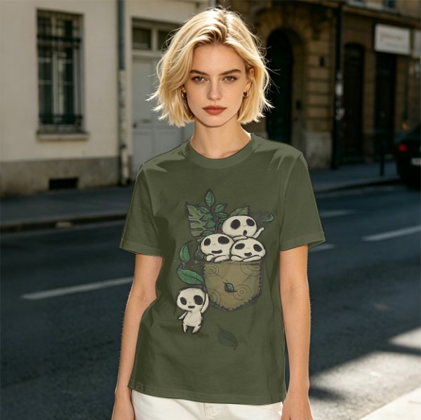 Olive T-shirt with Kodama Tree Spirits in Pocket and Leaves Print