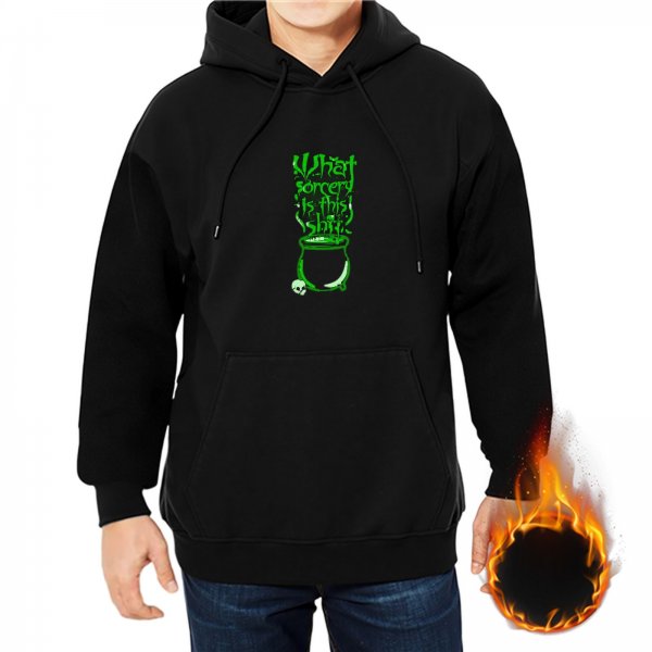 Black hoodie with green witch cauldron and sorcery text graphic
