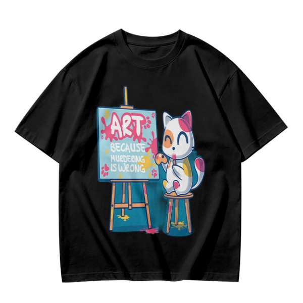 Olive T-Shirt With Cute Artist Cat Art Because Murder Is Wrong Print