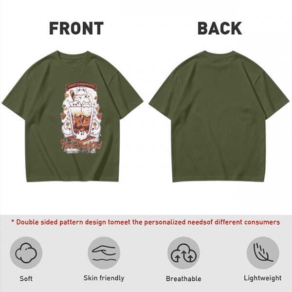 Olive t-shirt with cute cat bubble tea graphic print