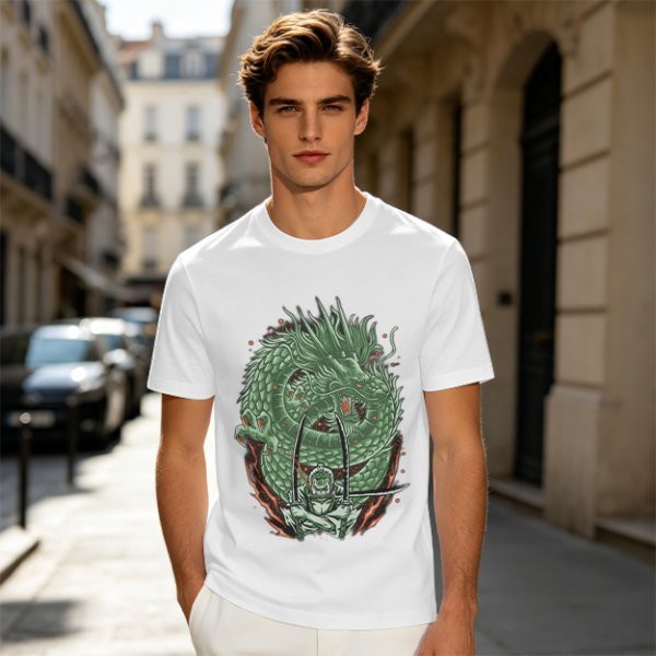 Olive T-shirt with Green Dragon and Samurai Warrior Graphic
