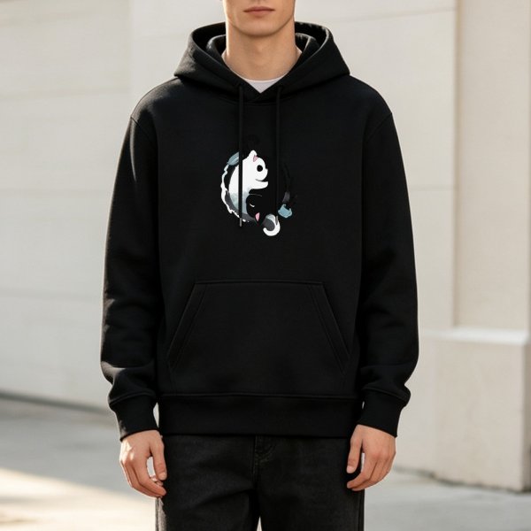 Black Hoodie With Yin Yang Cats Graphic Print