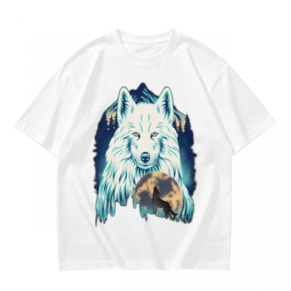 Olive T-Shirt With White Wolf And Howling Wolf Moon Graphic