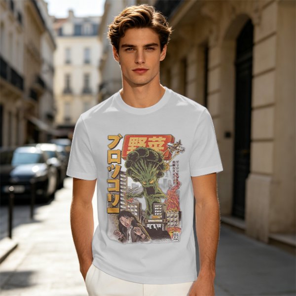 Olive T-shirt with Giant Broccoli Monster Attacking City Art