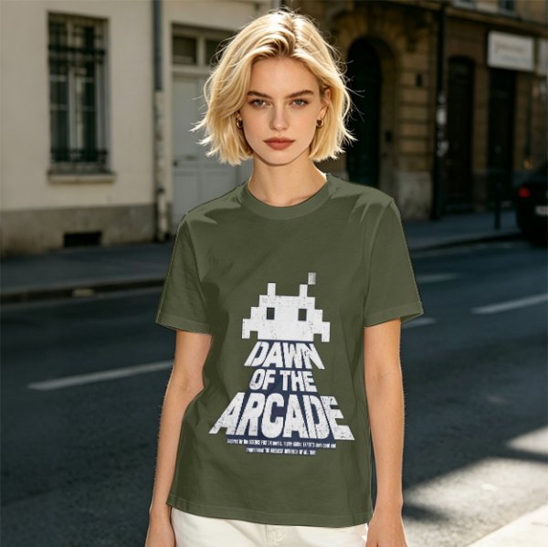 Olive T-Shirt with Retro Arcade Space Invader Graphic and Dawn of the Arcade Text