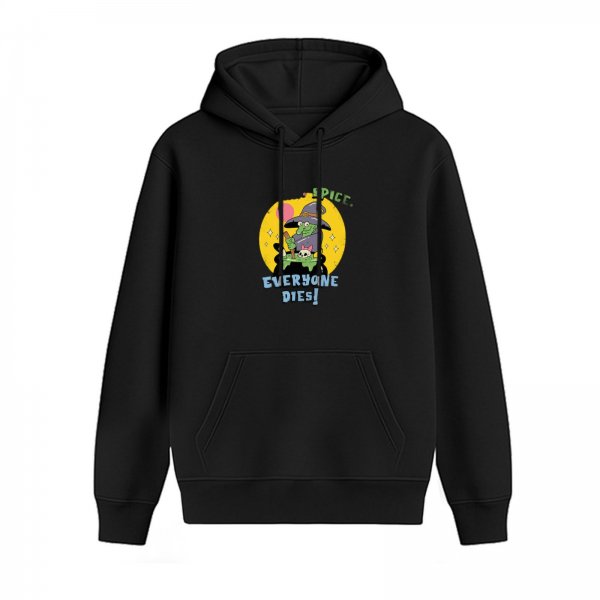 Black hoodie with witch graphic and 'Spice Everyone Dies' text