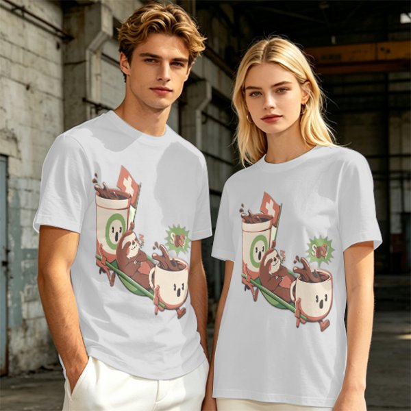 Olive green graphic tee with a sloth relaxing between anthropomorphic coffee mugs