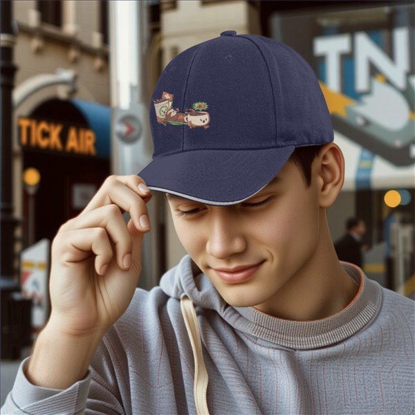 Black baseball cap with playful anthropomorphic coffee cups graphic