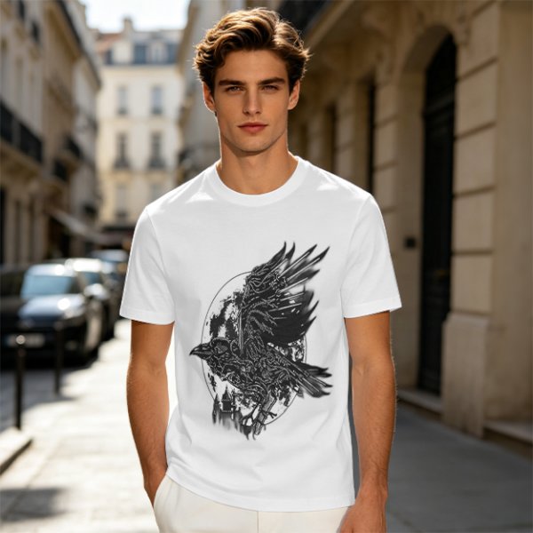 Olive Graphic T-Shirt with Mechanical Raven and Full Moon Print